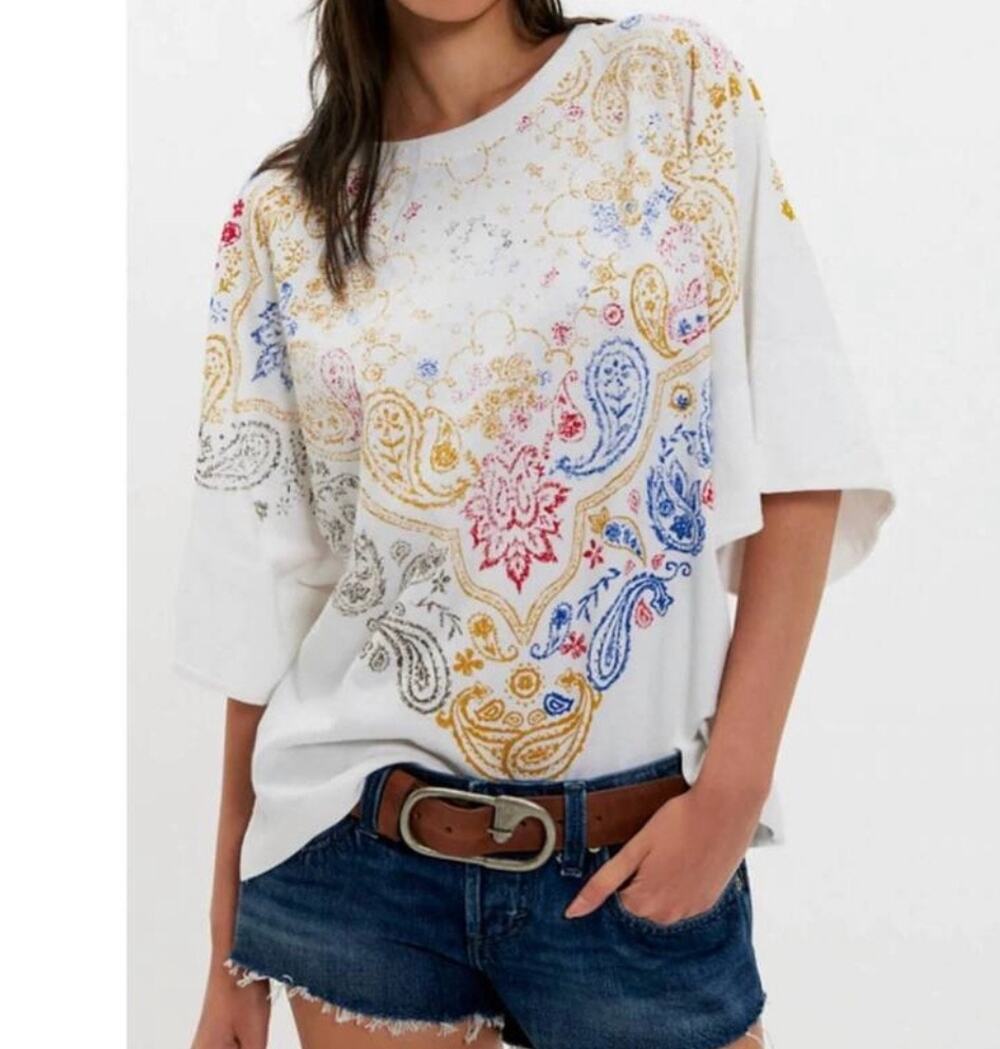 Free People Heirloom Paisley Print Oversized T-Shirt in Ivory Combo Size XS